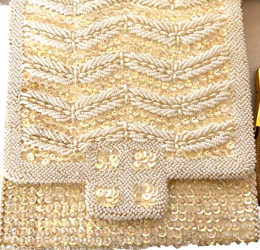3 Purses; 2 Beaded White Purses W/ Sequin/ 1 Needle- point Tan evening Purse