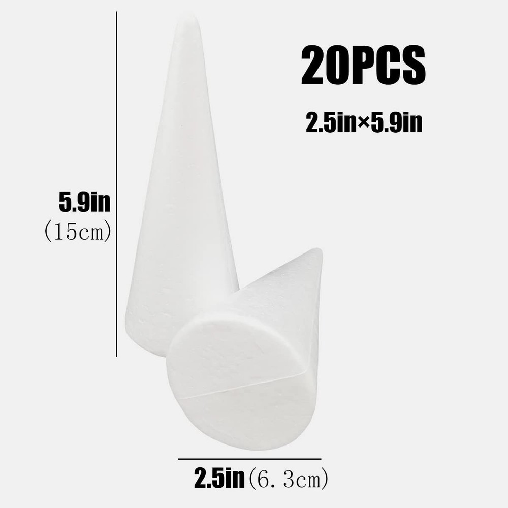 20 Pack White Polystyrene Craft Foam Cones 2.5x5.9 Inch DIY Tree Projects