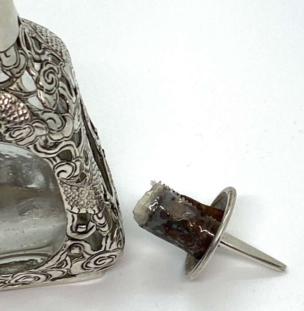 Antique Asian Signed Silver Overlay Dragon Pattern Bitters Bottle 5” 143g