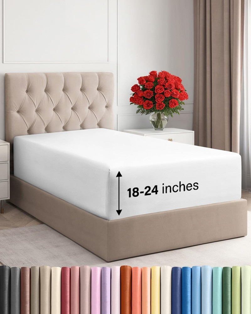 Extra Deep Twin Fitted Sheet - Hotel Luxury Single Fitted Sheet Only - Easily...