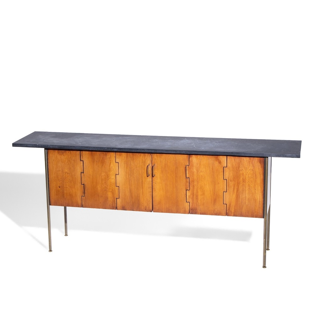 Milo Baughman for Directional Walnut, Slate and Brass Console Credenza
