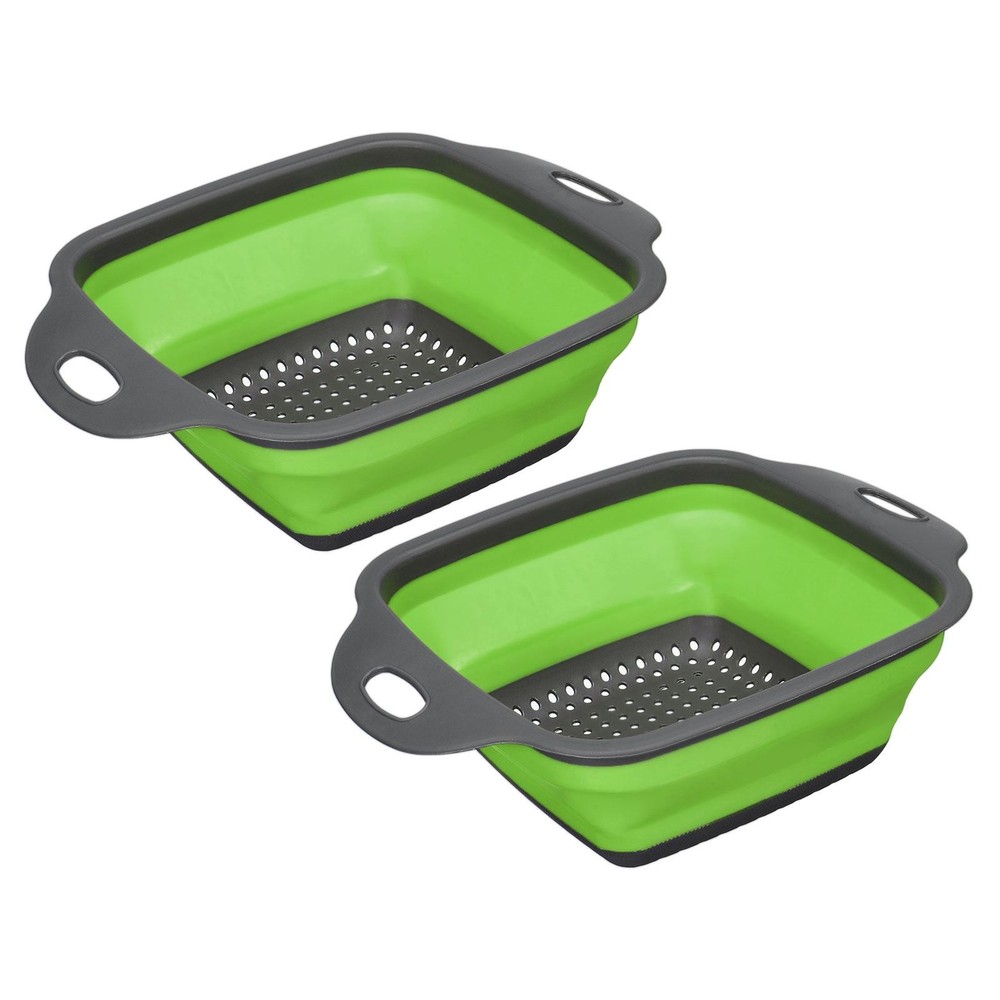 Collapsible Colander Set, 2 Pcs Silicone Square Foldable Strainer - Green Small