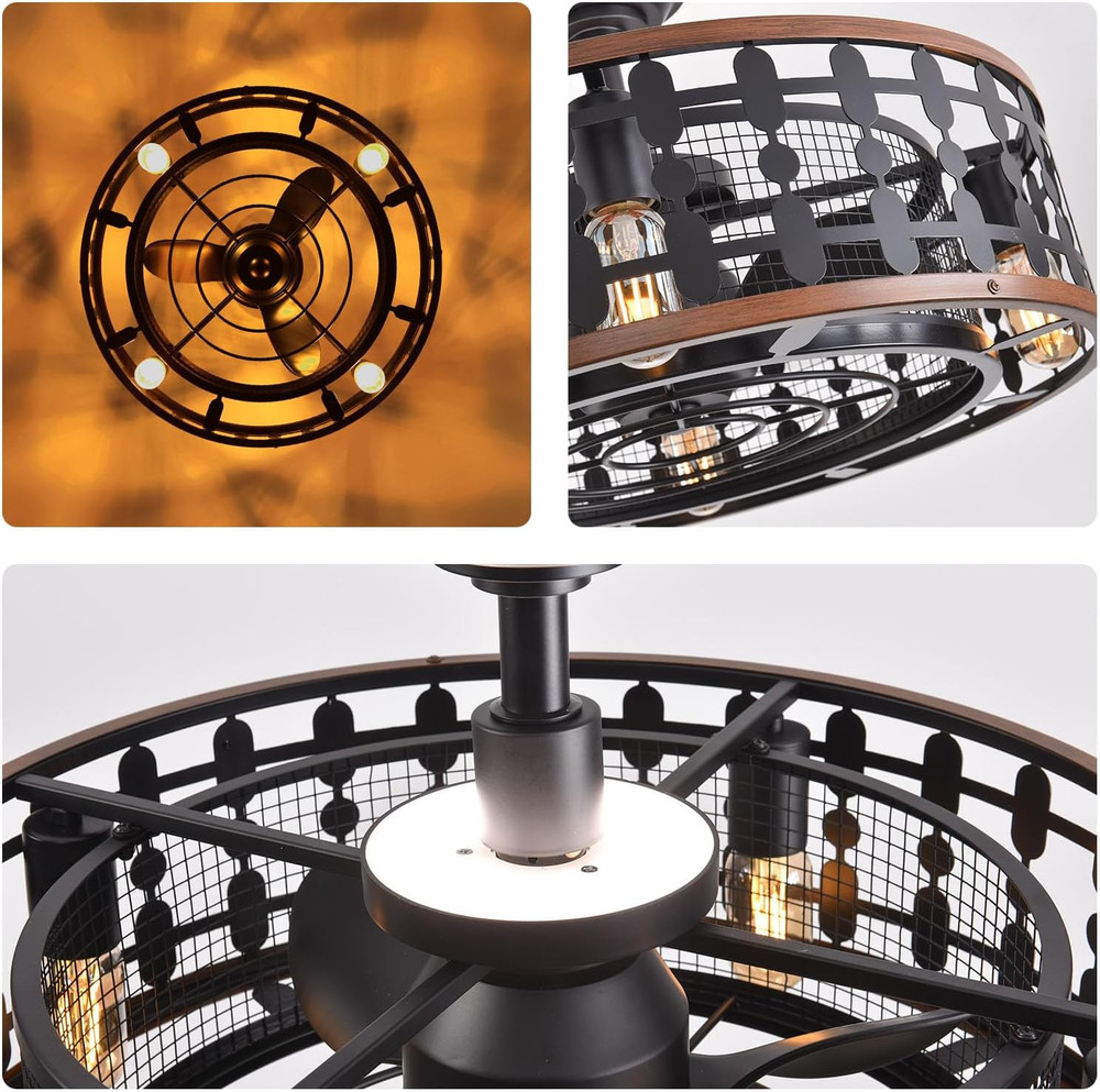 21.5" Black Caged Ceiling Fan with Light & Remote - Low Profile Design
