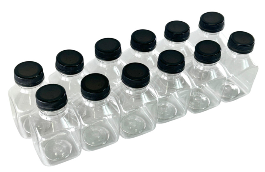8 oz Empty Plastic Juice Bottles with Lids, 12 Pack, Clear/Black
