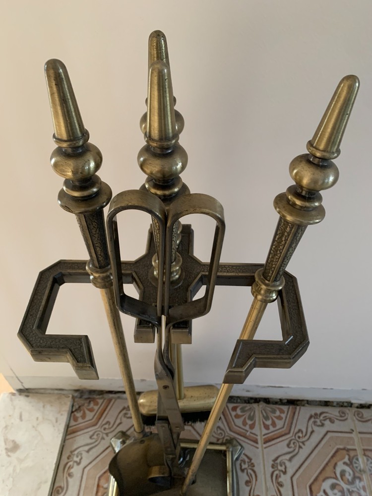 Vintage 1980s 31” 5 pc Fireplace Tool Set solid brass "for show" Heavy Taiwan