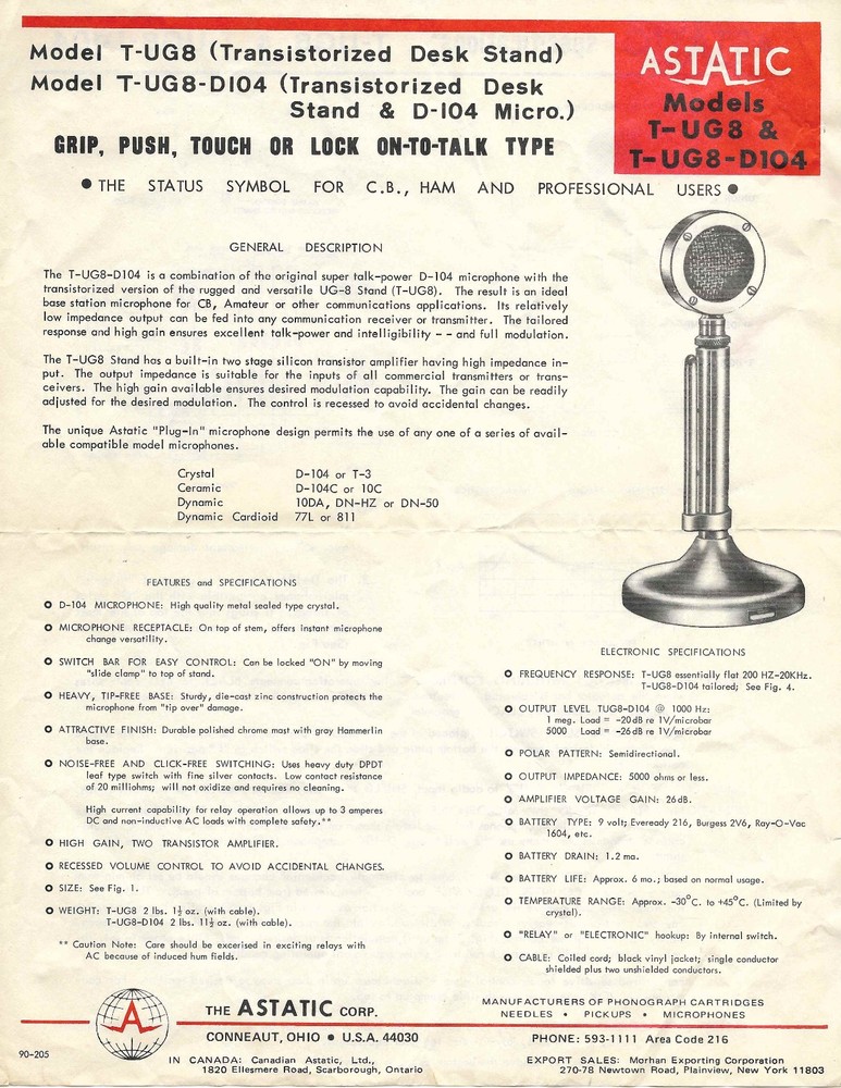 Astatic  Model T-UG-8 +D104 Microphone Original Specification Sheet & Wiring