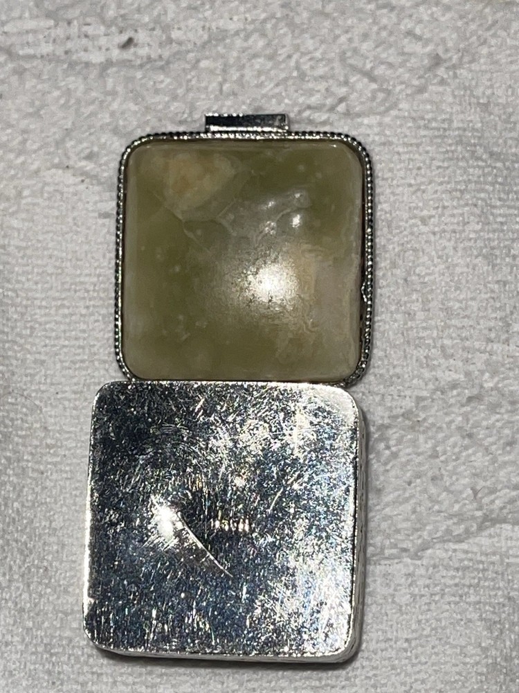 Vintage Solid Silver Gilt Square Hinged Pill Box Italian Natural Jade Lid