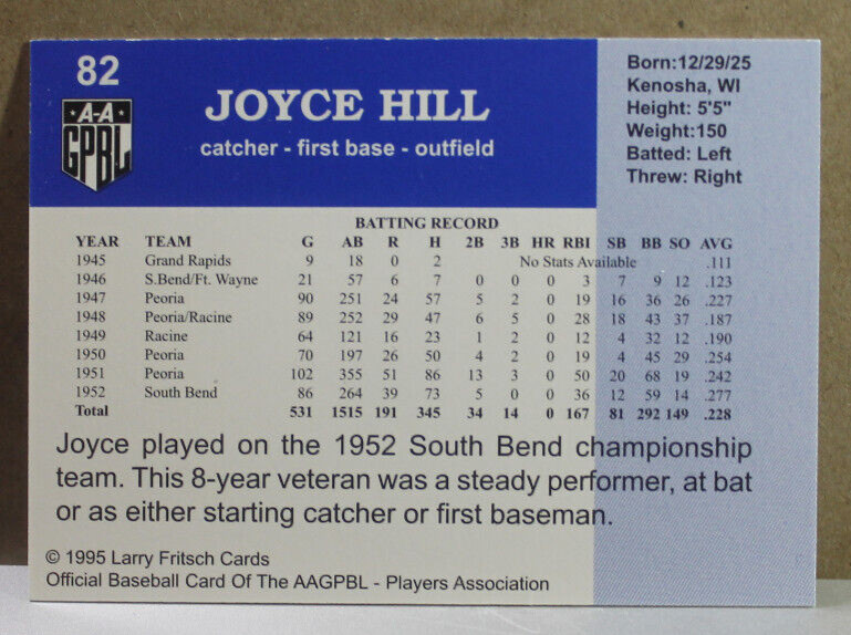AAGPBL "JOYCE HILL" SIGNED CARD #82