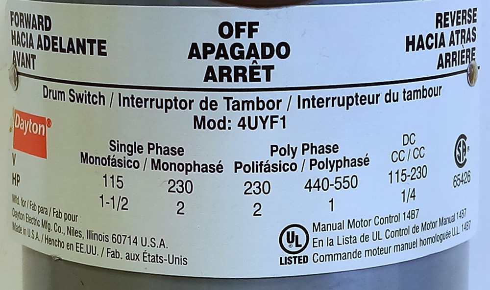 Dayton 4UYF1 Reversing Drum Switch