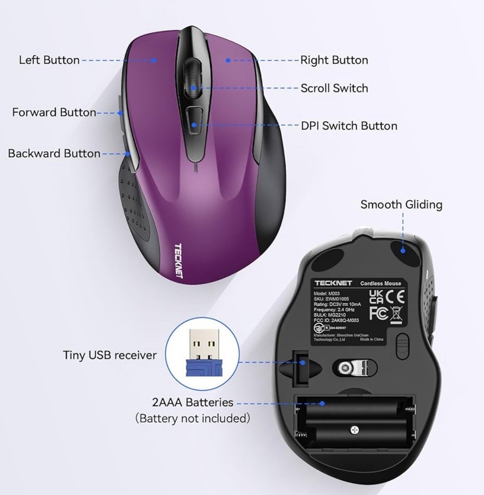 TECKNET Wireless Mouse, 2.4G Ergonomic Optical Mouse, Computer Mouse for Laptop