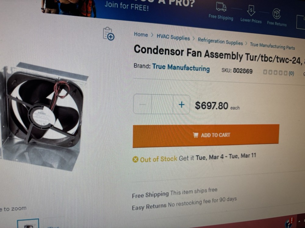 True 802869 Fan Assembly, Condenser, 12vdc