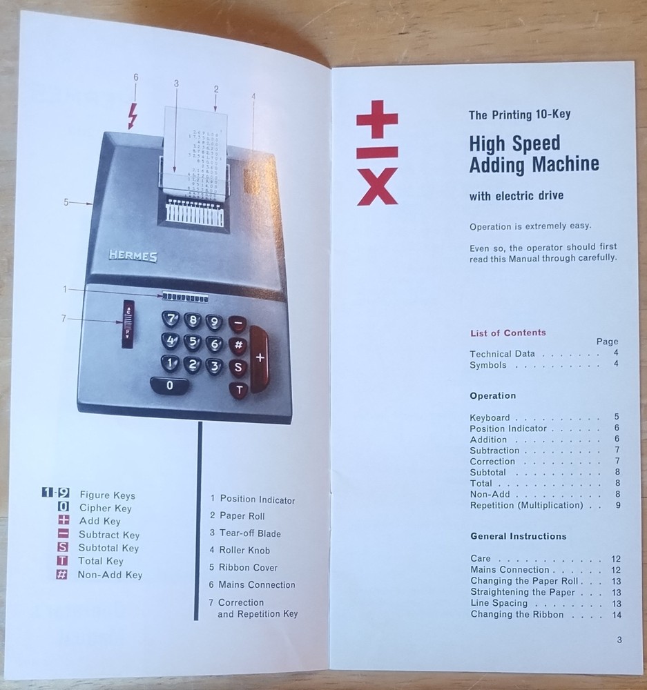Original HERMES Model 209; 10-Key High Speed Adding Machine Operator's Manual