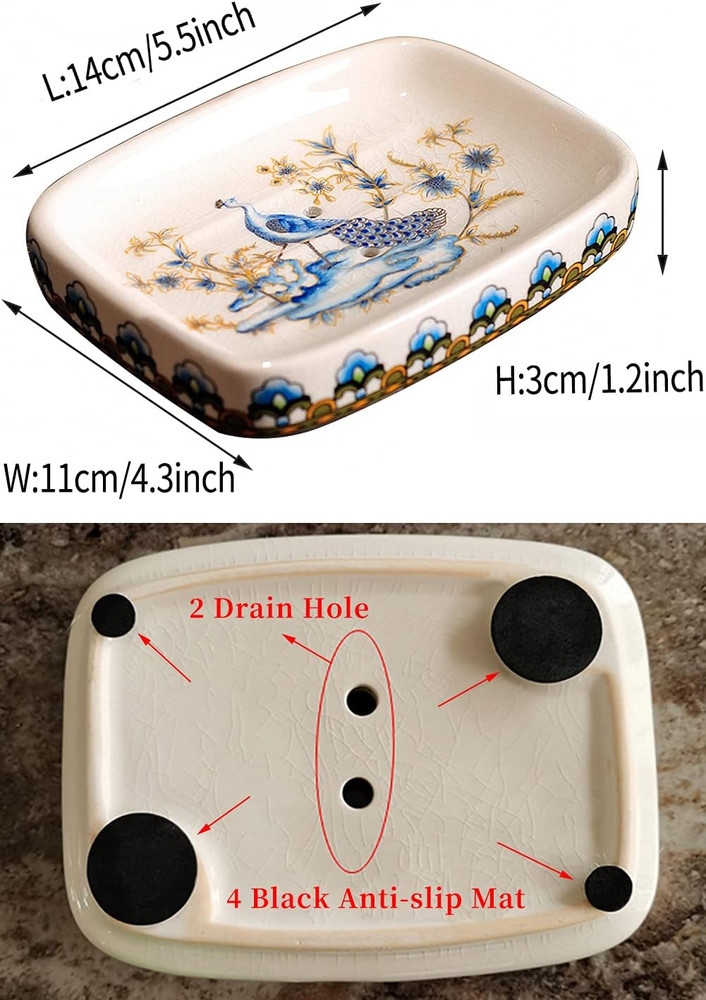 Ceramic Soap Dish Creative Ice Crack Ceramic Peacock and Flower Pattern Soap Dis