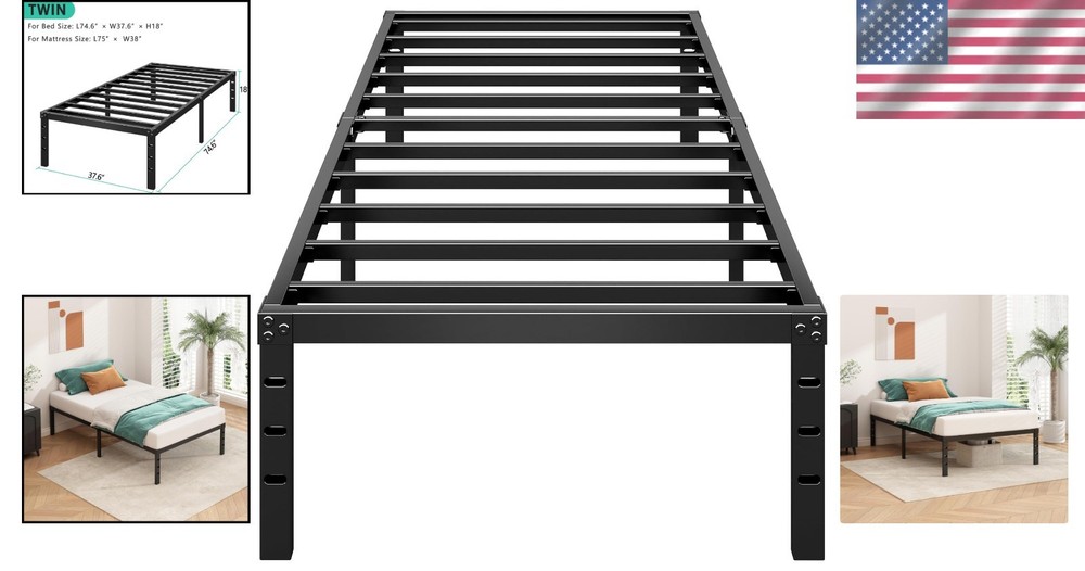Twin Bed Frame 18" Height, Squeak Resistant, Under-Bed Storage, Black
