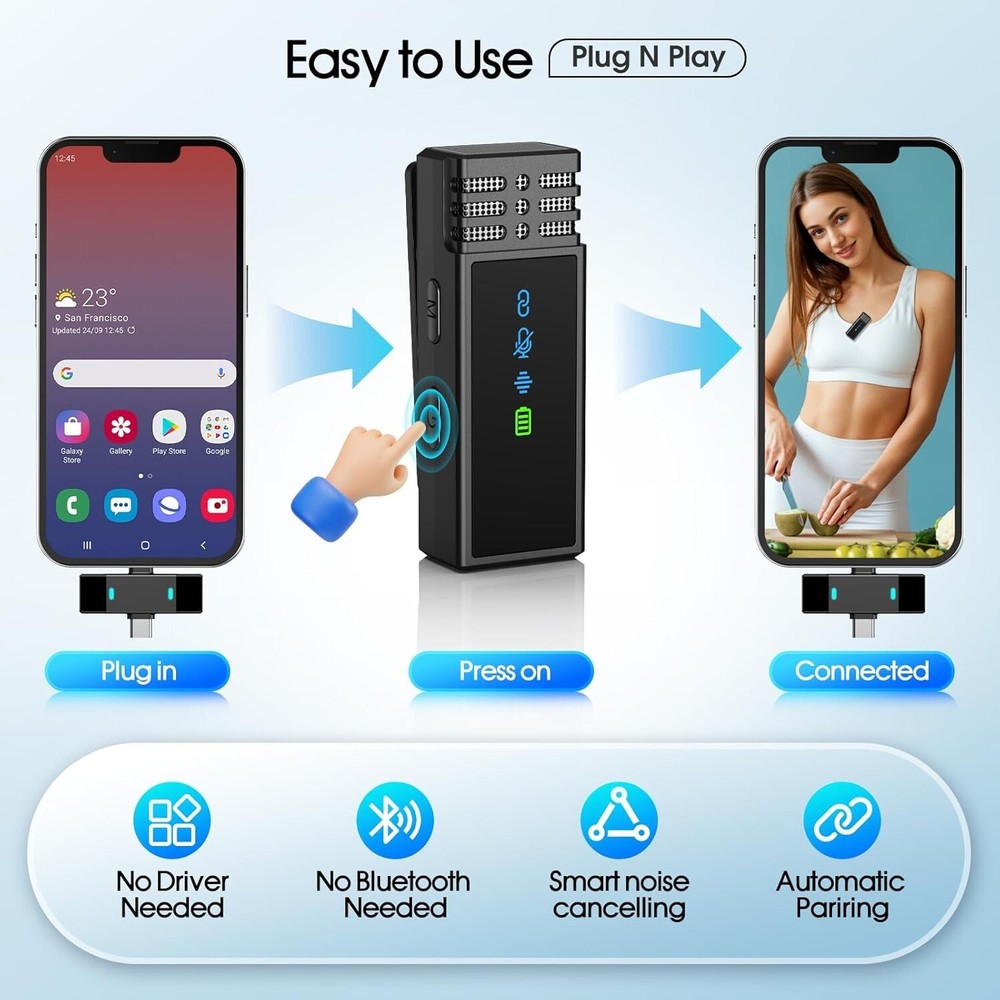 2 Pack Wireless Lavalier Microphone for iPhone iPad Android, Active Noise Reduct