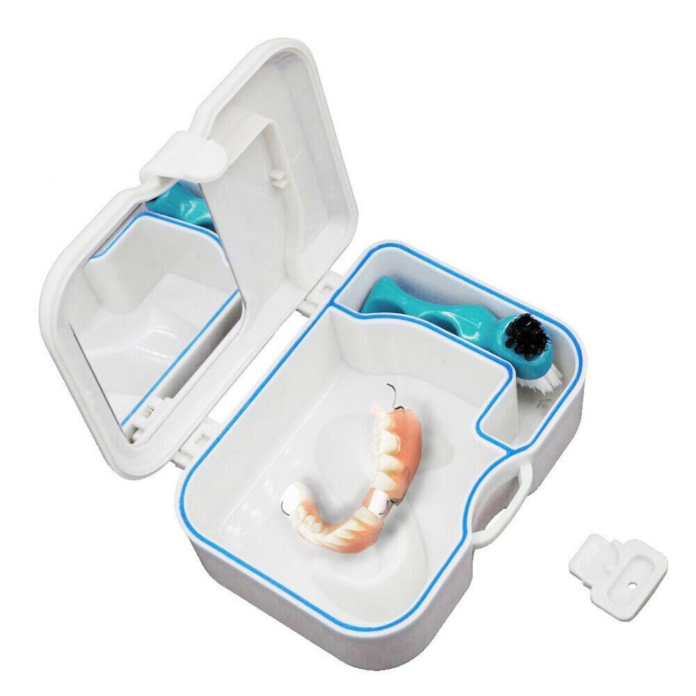 Plastic Portable Dental Storage Box False Teeth Case Container With Mirror Brush