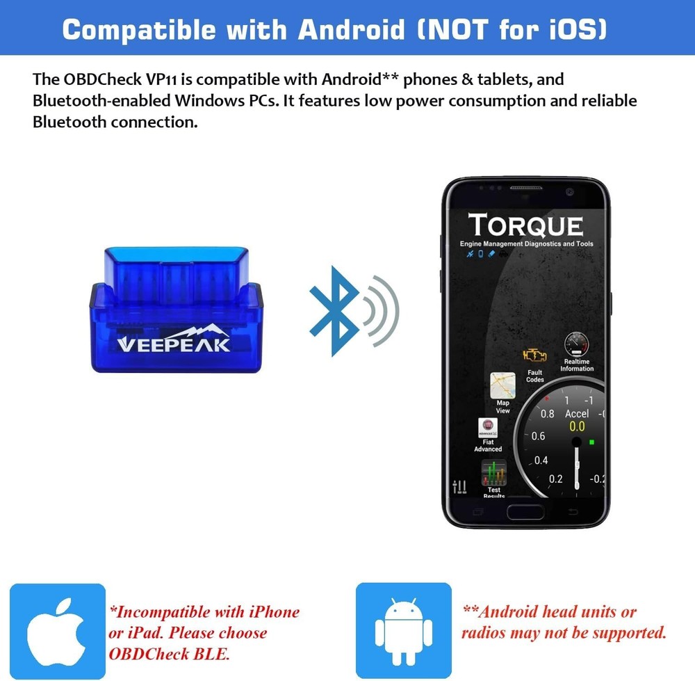 Veepeak Mini Bluetooth OBD2 Scanner OBD II Car Diagnostic Scan Tool for Android