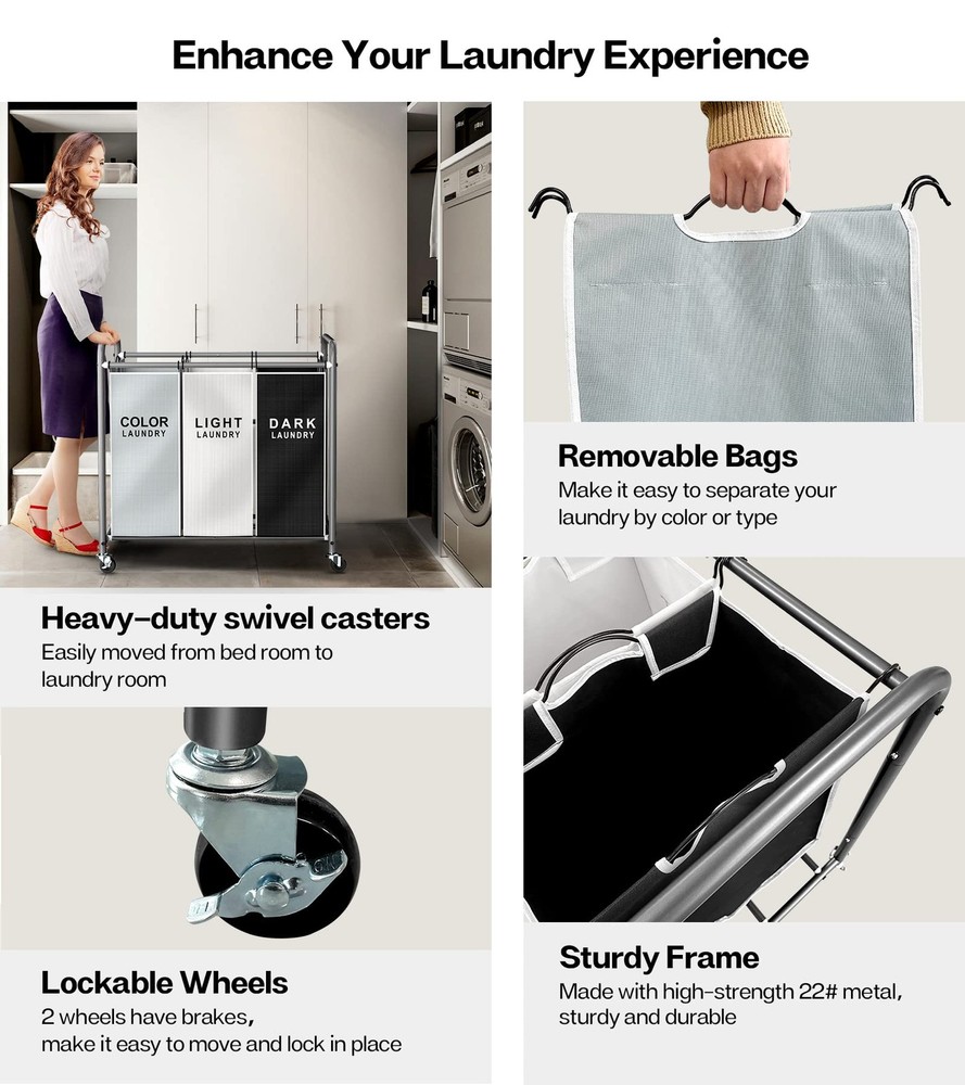 ROMOON Laundry Sorter, 3-Section Laundry Hamper with Wheels, Rolling Laundry