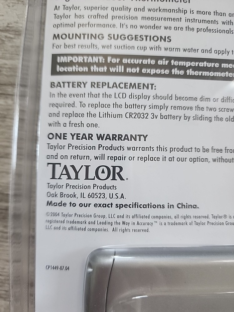Taylor Digital Temperature System Model 1449 Outdoor Thermometer Suction Cup