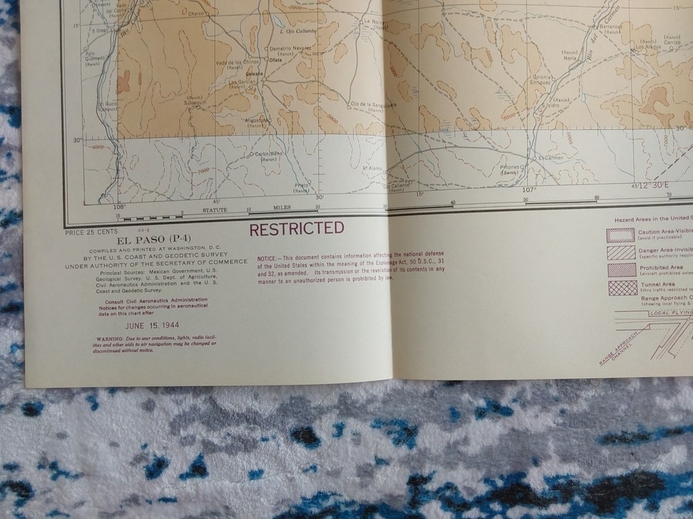 1944 WWII Sectional Aeronautical Chart Pilot Map El Paso, Marfa TX