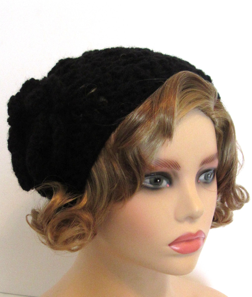 BOHO BEANIE HAT CAP SOLID BLACK OPEN WEAVE MESH HANDMADE CROCHET WITH FLOWER