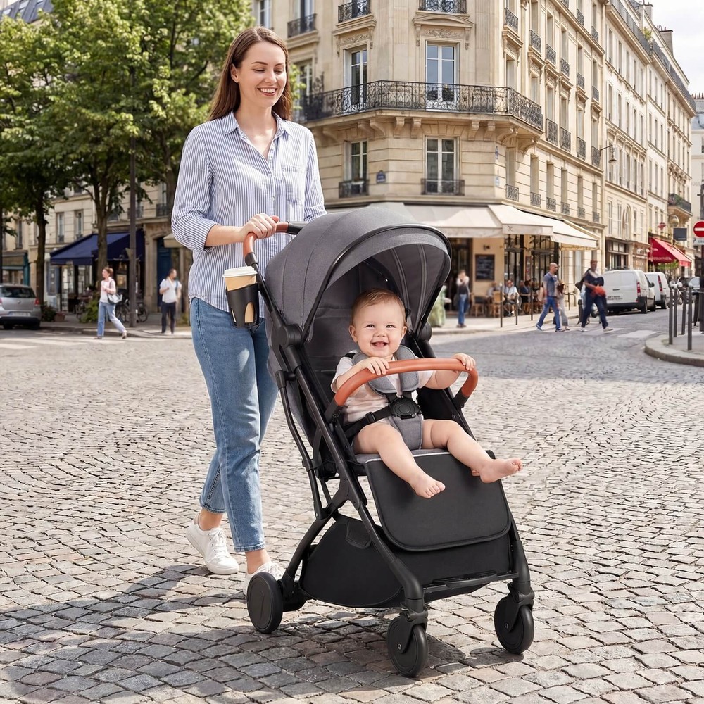 Lightweight Baby Stroller w/One-Hand Folding, Extendable Canopy, Storage Baske