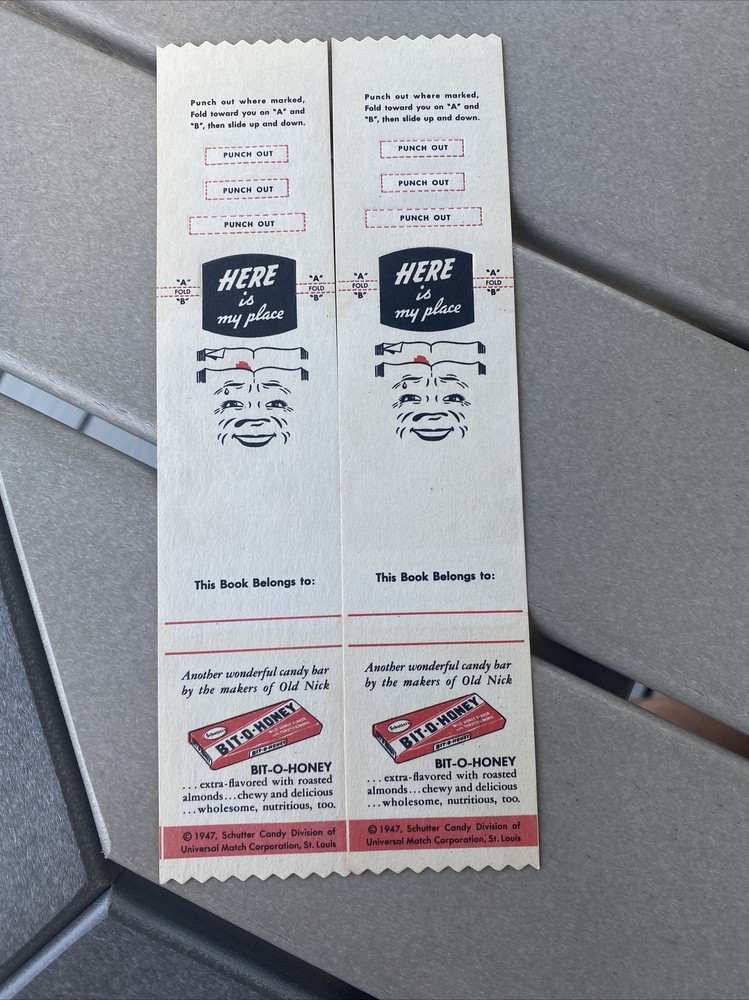2 Each 1947 OLD NICK BIT O' HONEY CANDY BAR 8" BOOKMARK Mint