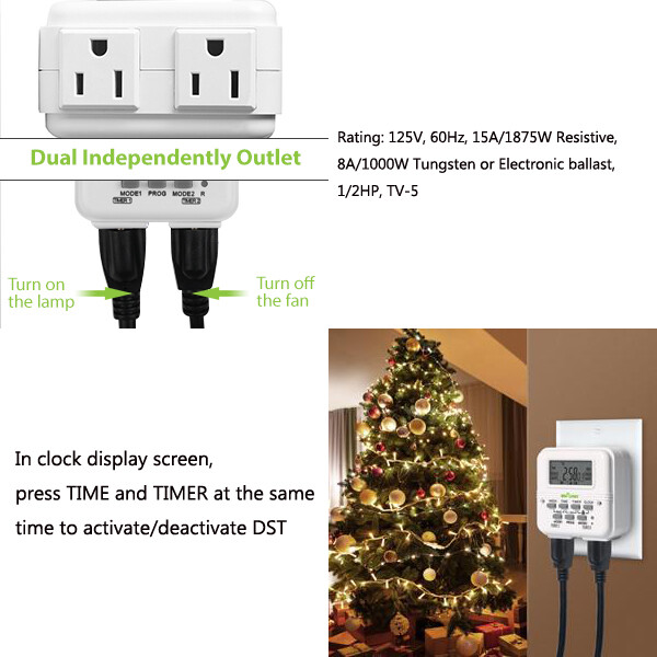 7 Day Heavy Duty Digital Programmable Timer 2Independently Plug-in Outlet Switch