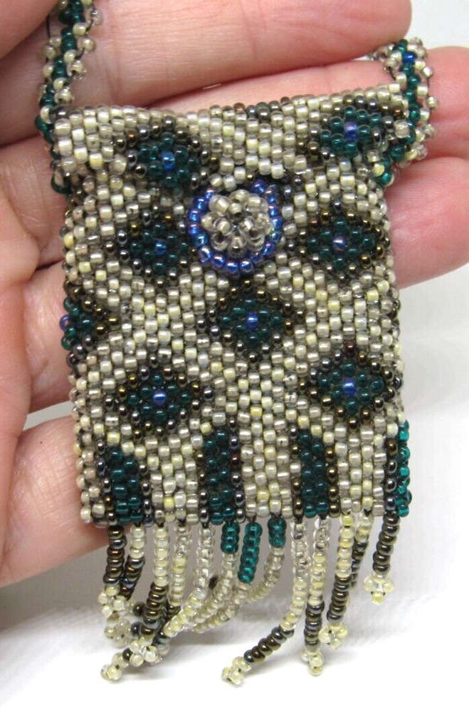 Vintage tiny glass seed Bead Beaded Purse Necklace