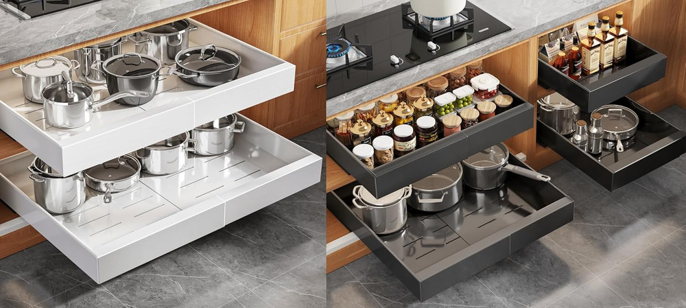 2 Pack 21" Deep Pull Out Cabinet Organizer Expandable（Width 15.1"-26.3"） White+4