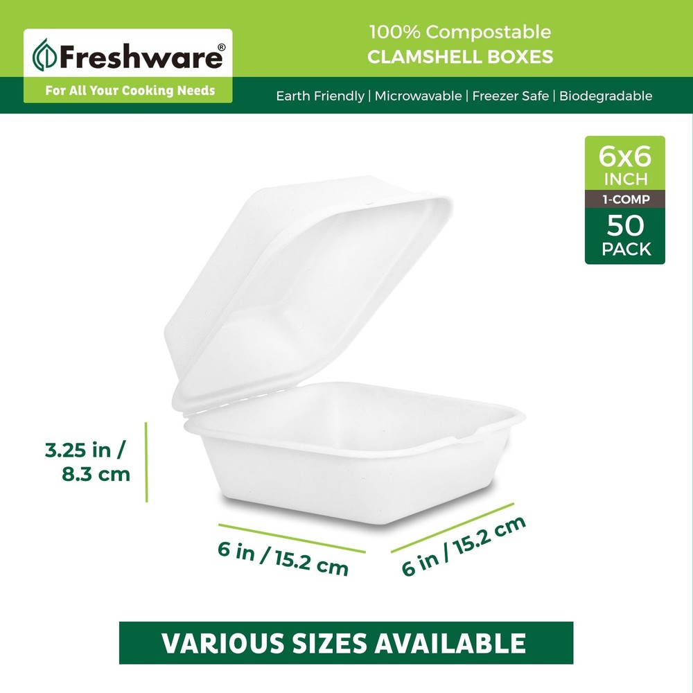 Freshware Compostable Clamshell Food Containers [6x6" 50-Pack], Biodegradable...