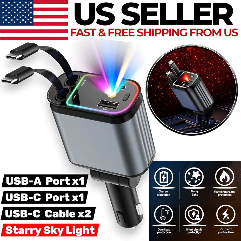 USB C Car Charger Retractable Dual Type C Fast Charge Starry Light
