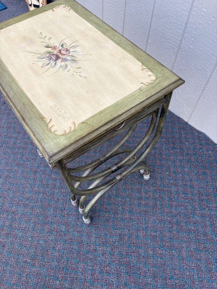 67614 Vintage Hand-Painted Stacking Nesting Tables with Metal Frames