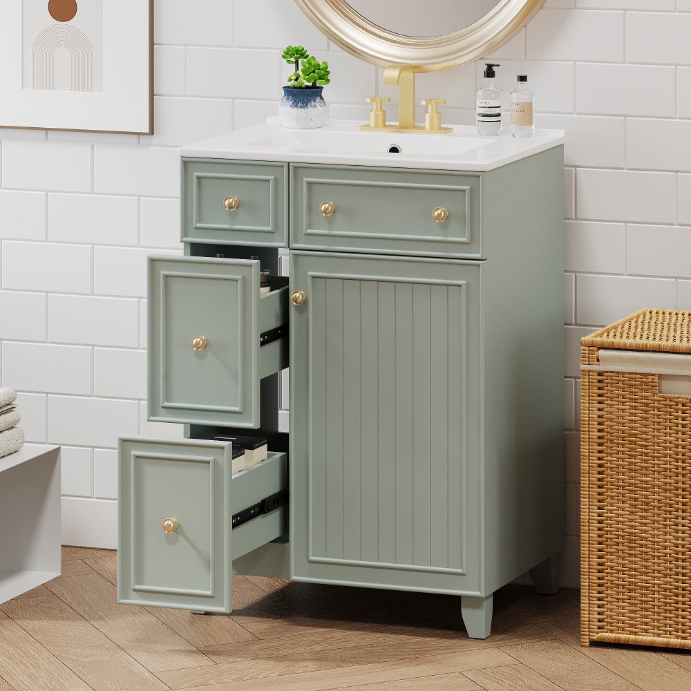 Bathroom Vanity with Ceramic Sink Features 2 Drawers and 1 Door