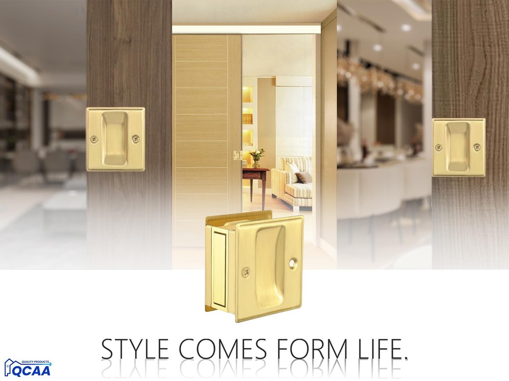 QCAA Solid Brass Sliding Door Pull Passage Door Pocket, Polished Brass, 4 Pack,