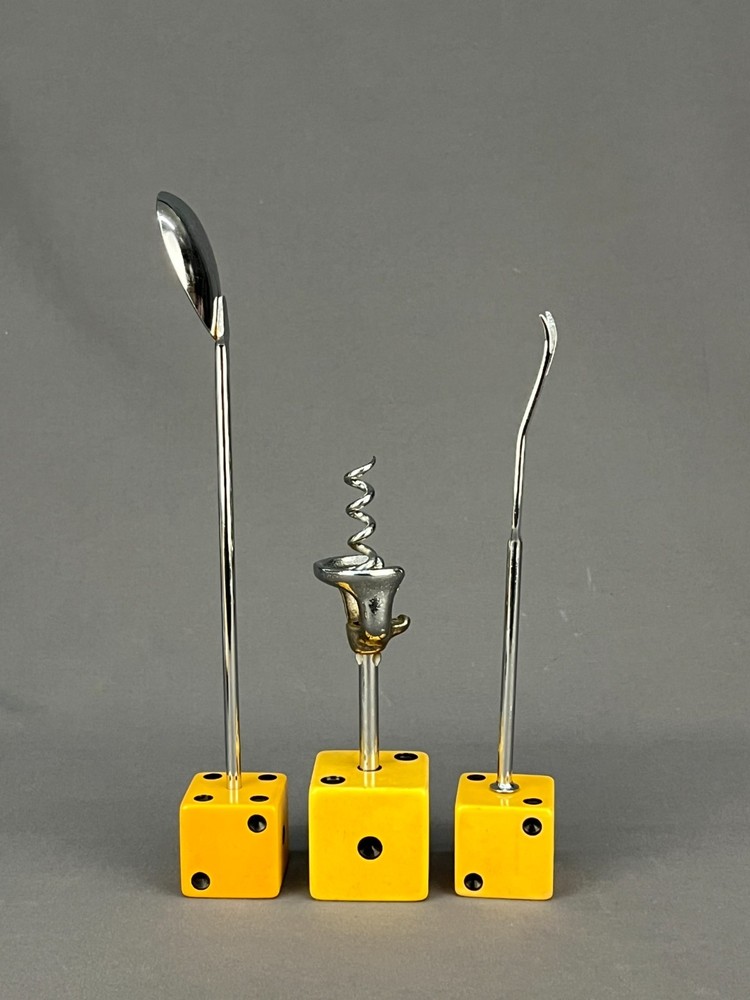 3 pc Mid-Century Bakelite Dice Bar Utensils Corkscrew Spoon & Olive Fork