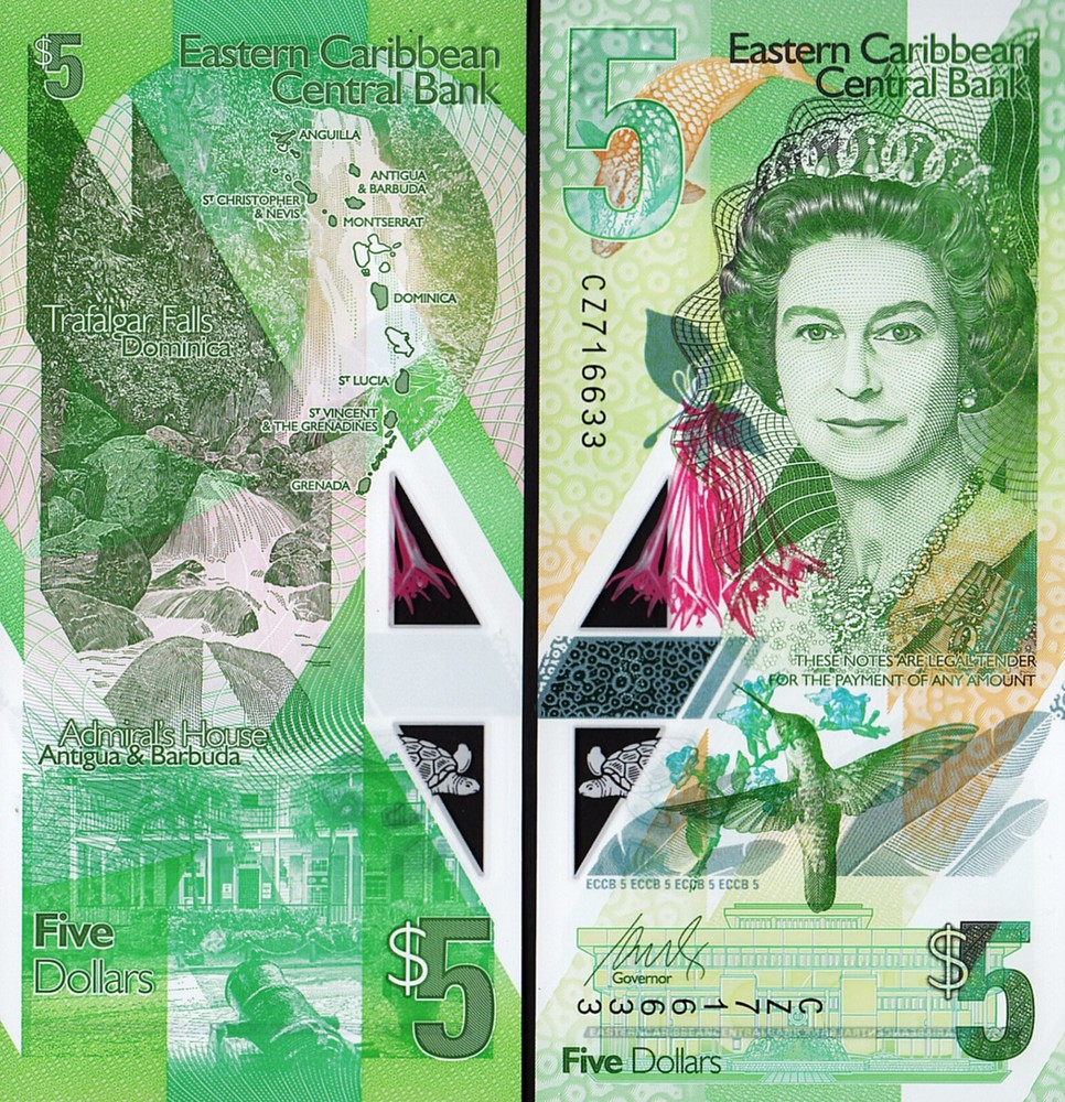 East Caribbean 5 Dollars 2021, UNC, P-55Aa, POLYMER