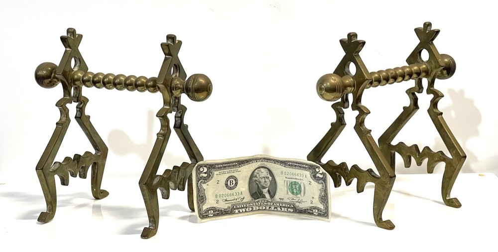 Antique Solid Brass Pair Of Fireplace Fire Dogs