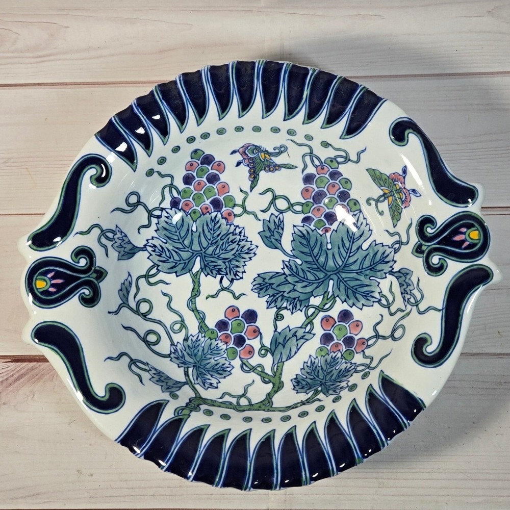 Decorative Serving Bowl Blue Grape Vine Bird Design Scalloped Edge