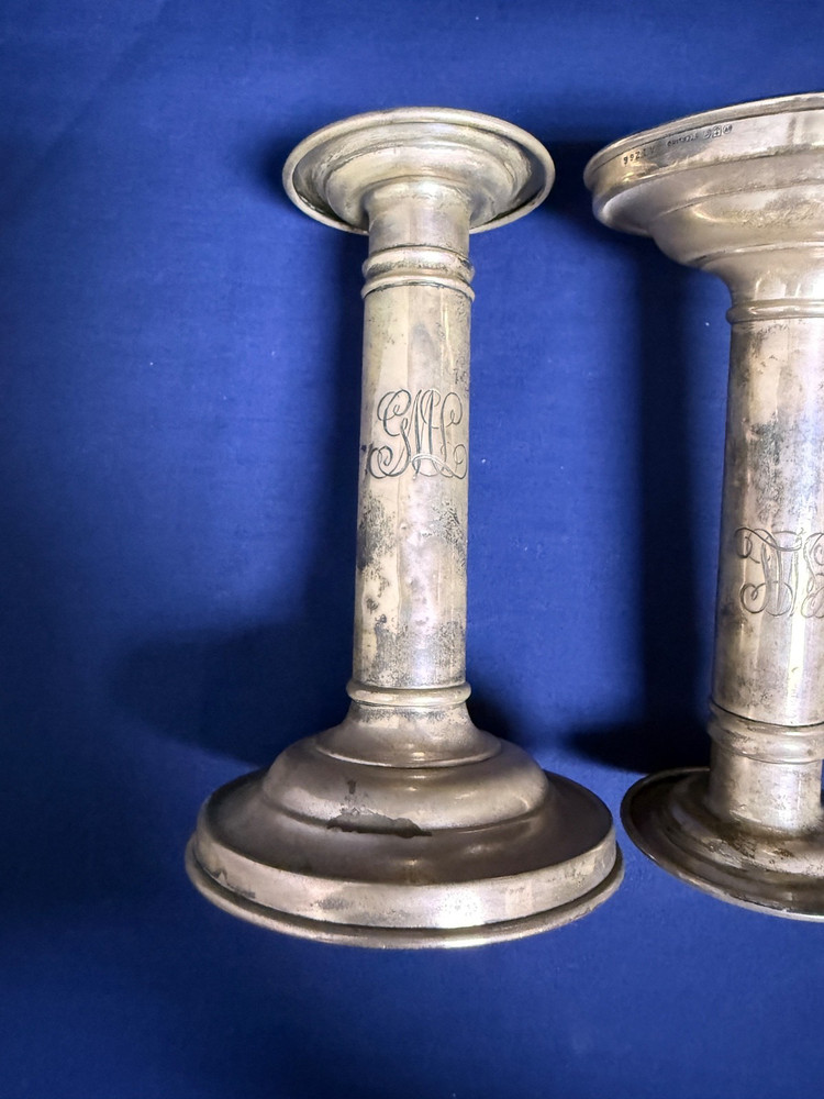 Gorham Sterling Silver Weighted Candlesticks Pair A1266 Lion Anchor G Monogram