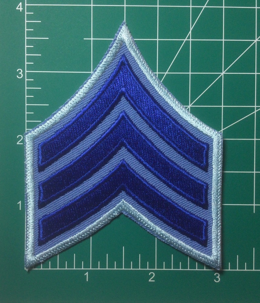 (2) Sergeant Chevron - 3 ROYAL Stripes On BLUE Twill Patch (LIGHT BLUE Border)