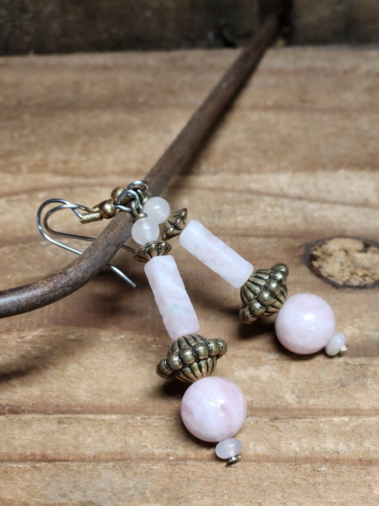 Rose Quartz and Gold Beaded Dangle Earrings