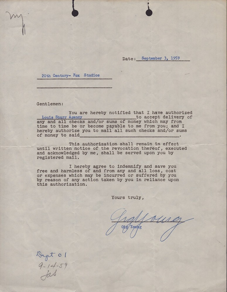 GIG YOUNG - DOCUMENT SIGNED 09/03/1959