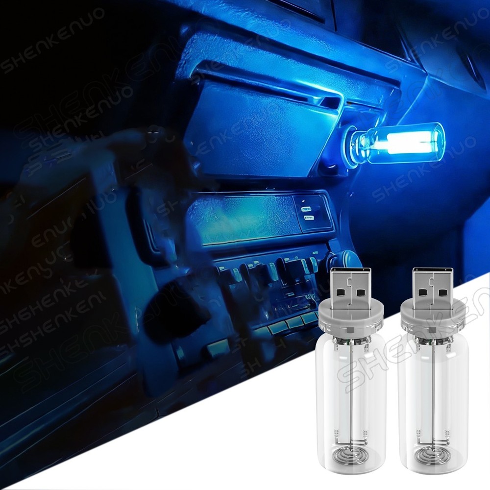 2Pcs Portable USB Night Light Bulb Touch Dimmable Car+Home Interior Ambient Blue