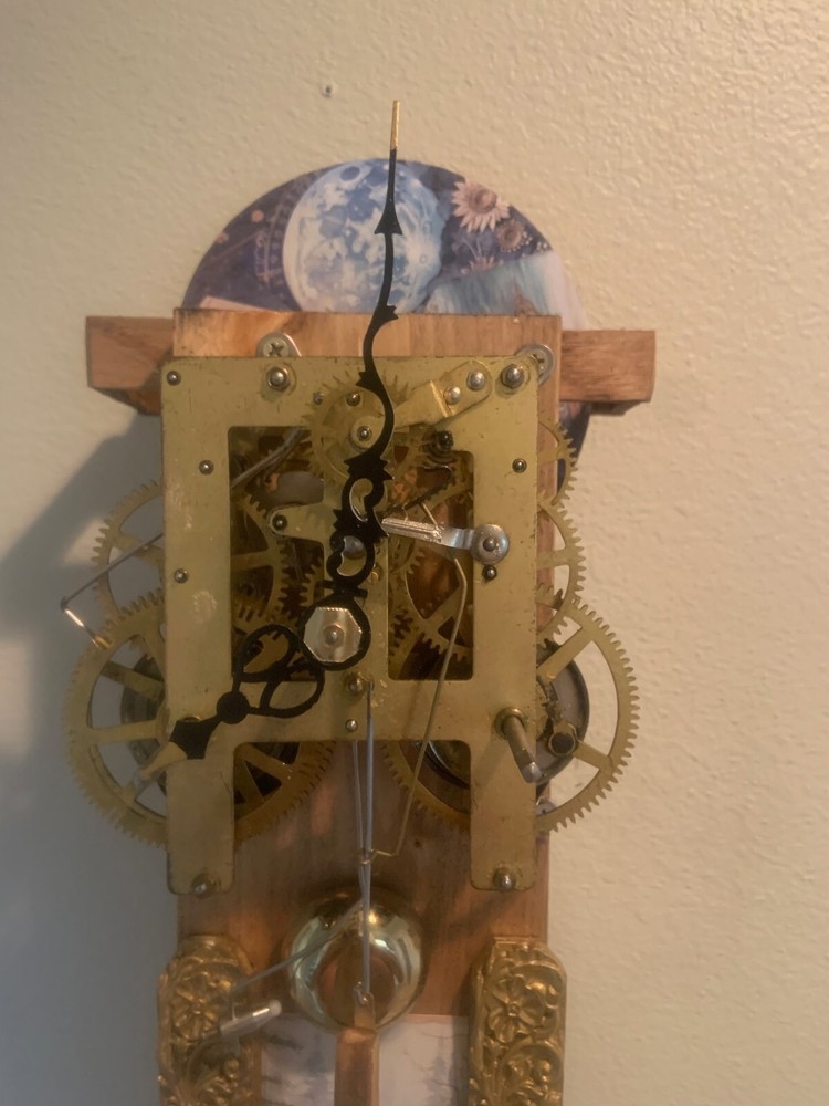 MOON DIAL SKELETON CLOCK VITAGE MOVEMENT, WALL HANGER, MOOSE AND MOON.