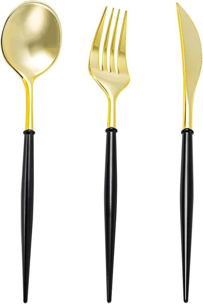 Gold Plastic Cutlery Set - with Bla Handle - Fancy Plastic