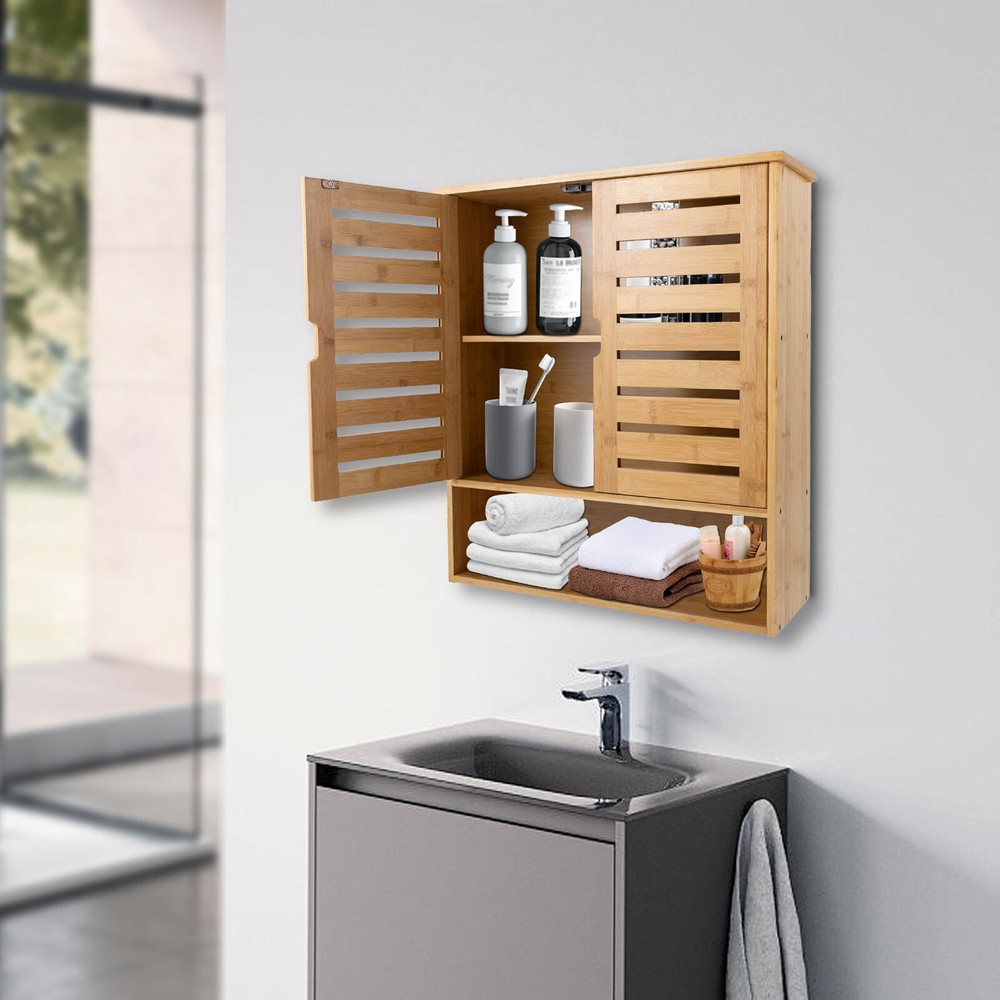 3-Layer Bamboo Storage Cabinets Modern Wall Mounted Decor Racks Storage Cabinets