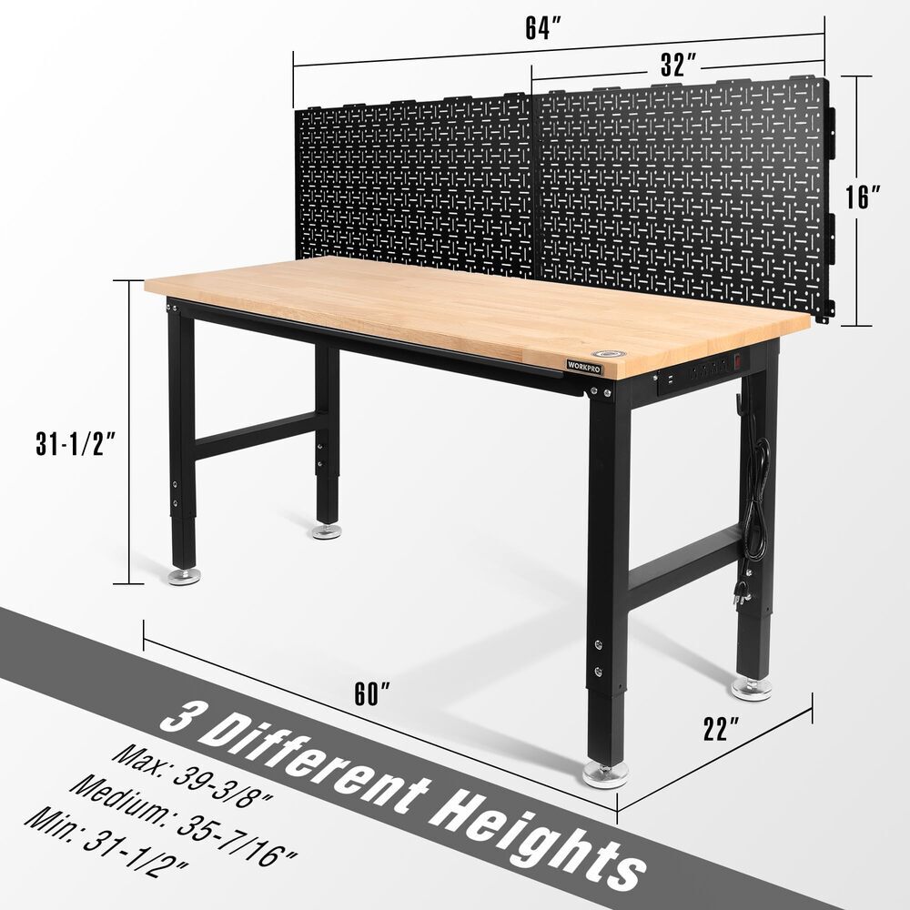 WORKPRO 60" Adjustable Workbench & 2 Pack Metal Pegboard Rubber Wood Workstation