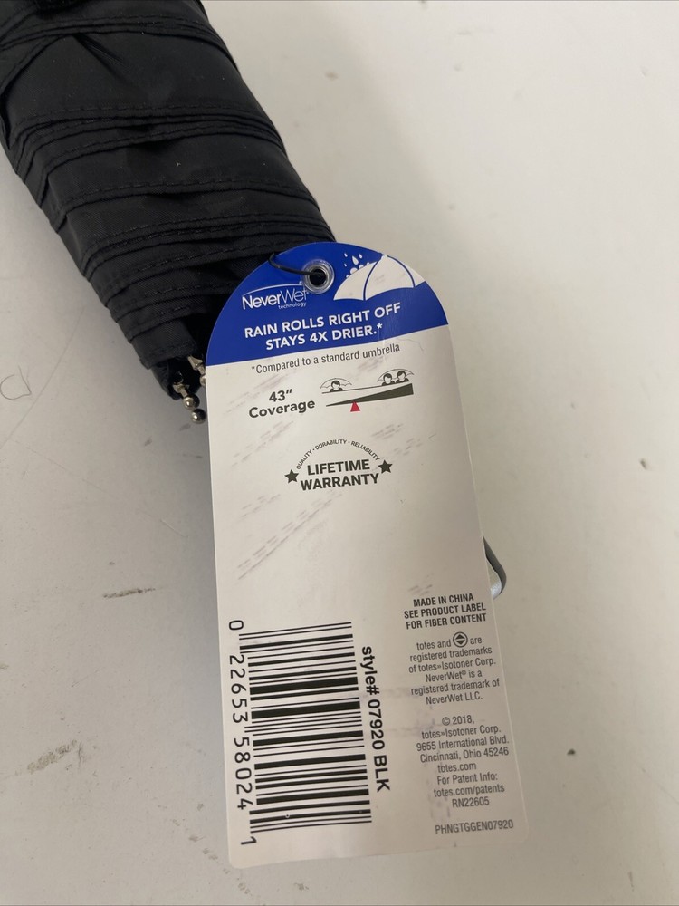 Totes Mini Neverwet Technology Umbrella Black 43” Coverage New