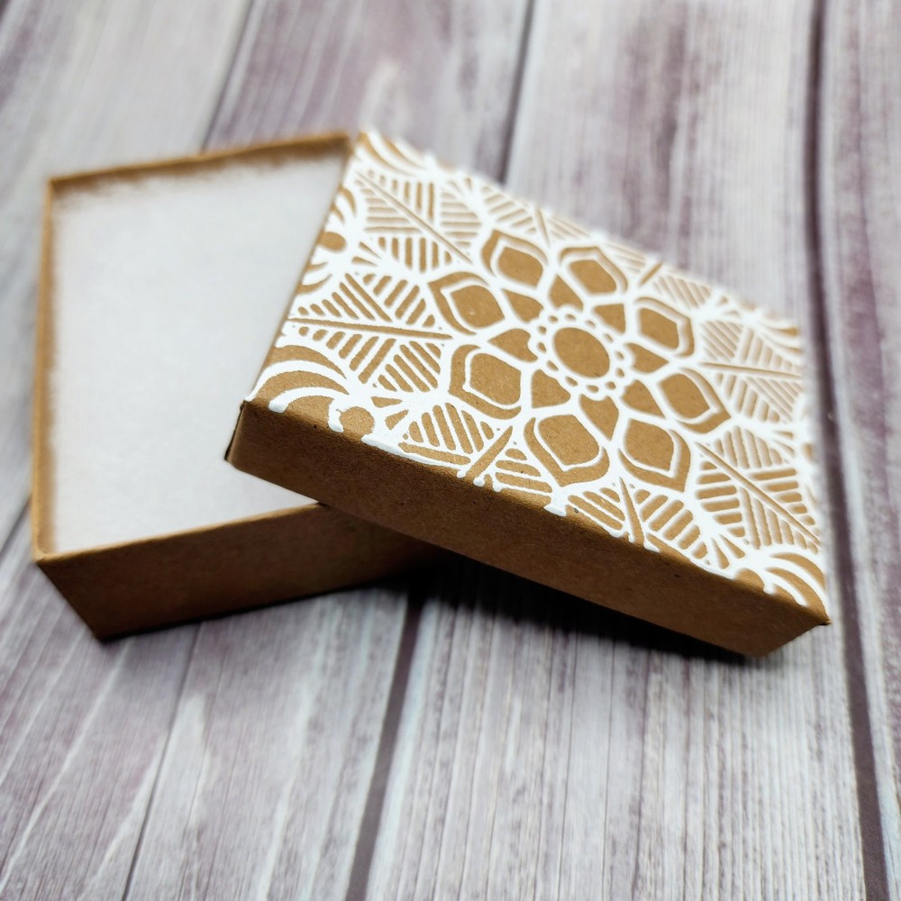 Paper Gift Boxes-Flower Mandala Pattern-Kraft, White Ink-Screen Printed by Hand